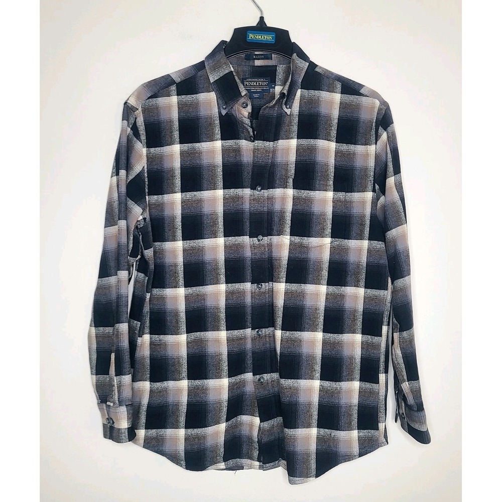 Pendleton Mason Flannel Shirt Mens M Gray Black Plaid Long Sleeve Classic Cotton